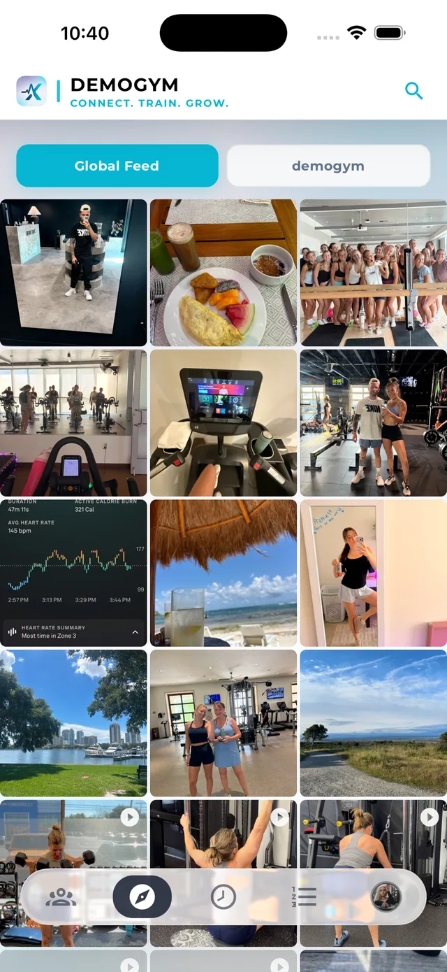 The Discover tab: a dense three-column grid of member photos and videos, from gym selfies and spin classes to meals and heart-rate summaries.