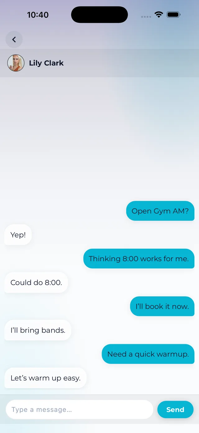 A Core.X direct message thread: two members agreeing on an 8am Open Gym session, ending with “I'll book it now.”