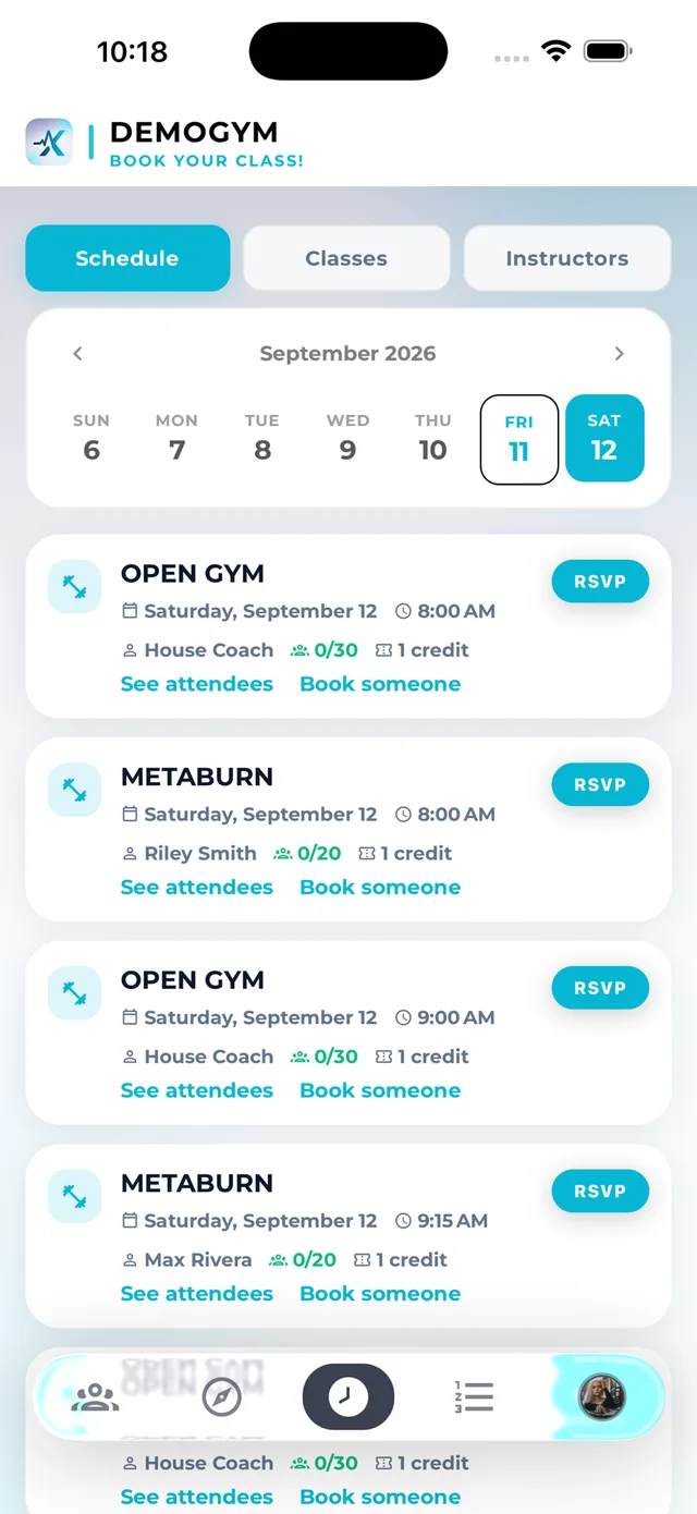The class schedule in the member app: a week strip, then class cards showing the coach, the time, spots taken out of 30, the credit cost and an RSVP button.